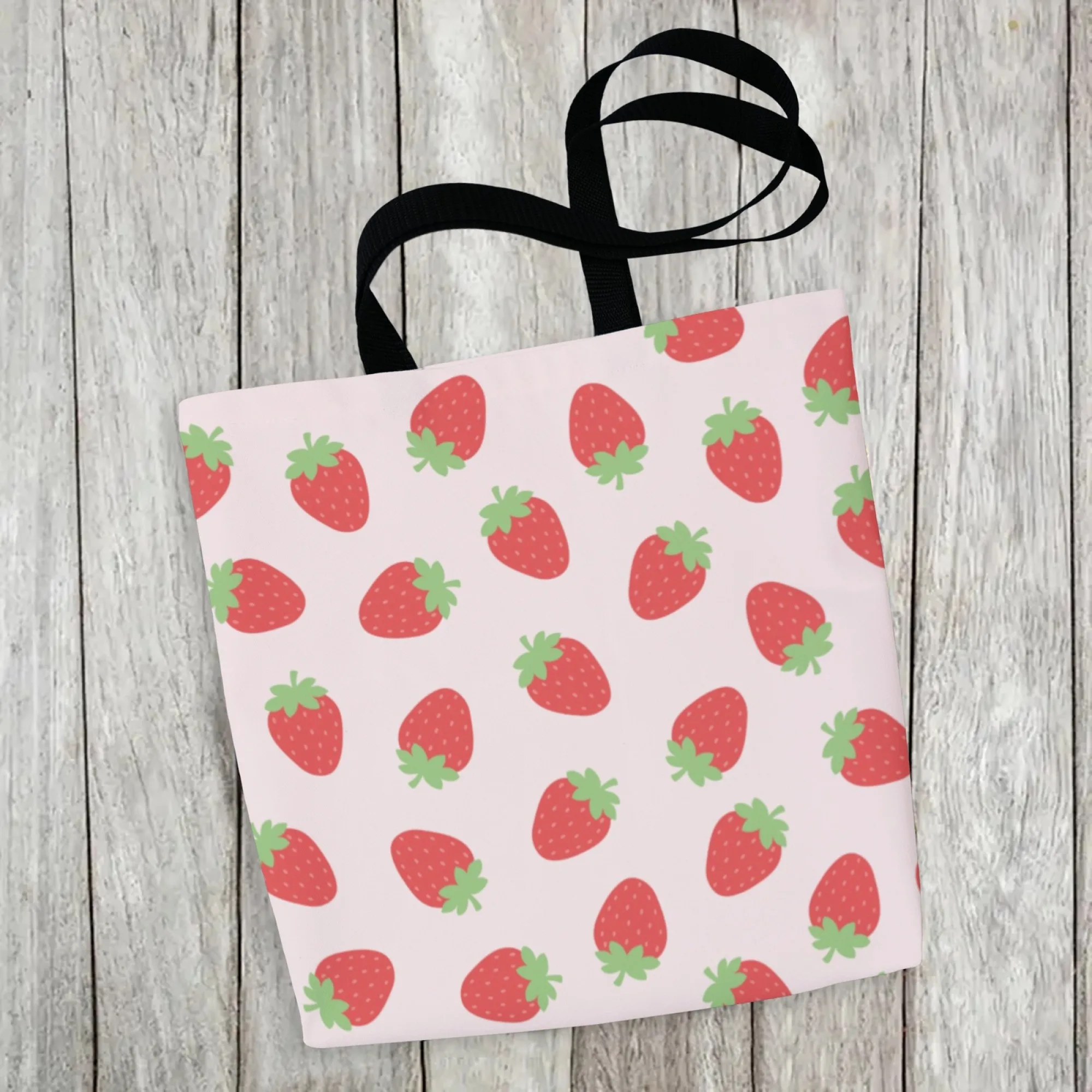 حقيبة يد قماشية متينة بطباعة فراولة للنساء حقيبة كتف مطبوعة باللون الوردي ذات سعة كبيرة حقيبة يد كاجوال قابلة لإعادة الاستخدام للسفر