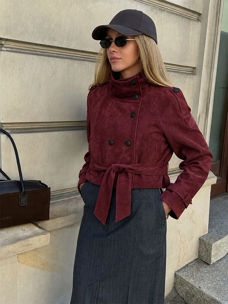 HH Comfortable Burgundy Coat Women Autumn Winter Casual Long Sleeve Relaxed Fit Daily Chic Versatile Fashion Jacket