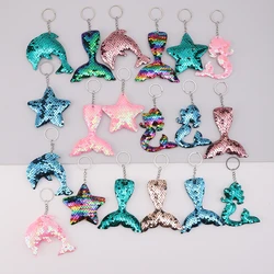 19pcs Glitter Reversible Sequins Mermaid Tails Keychain Cute Cartoon Bag Key Chain Keyring Ornament Bag Purse Charm Accessories