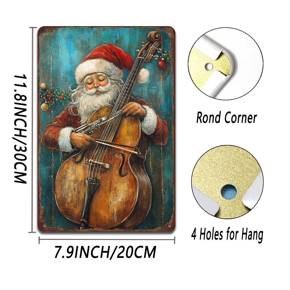 Father Christmas Violin Metal Wall Art Iron Poster Suitable for Home and Garden Holiday Wall Decoration Vintage Interior Artwork