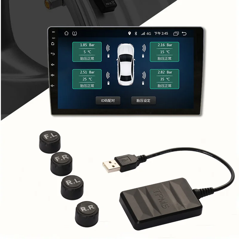 Car TPMS USB Tire Pressure Monitoring System For Android Car DVD Player 4 Sensors Alarm Tire Temperature