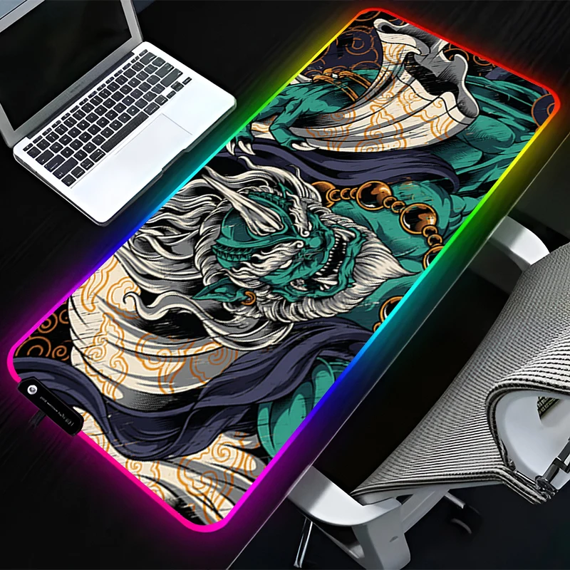 RGB LED Mouse Pad Computer Desk Accessories Mouse Mat Rubber HD Keyboard Pad Non Slip Oni Hannya Samurai Mousepad Mask Desk Mat