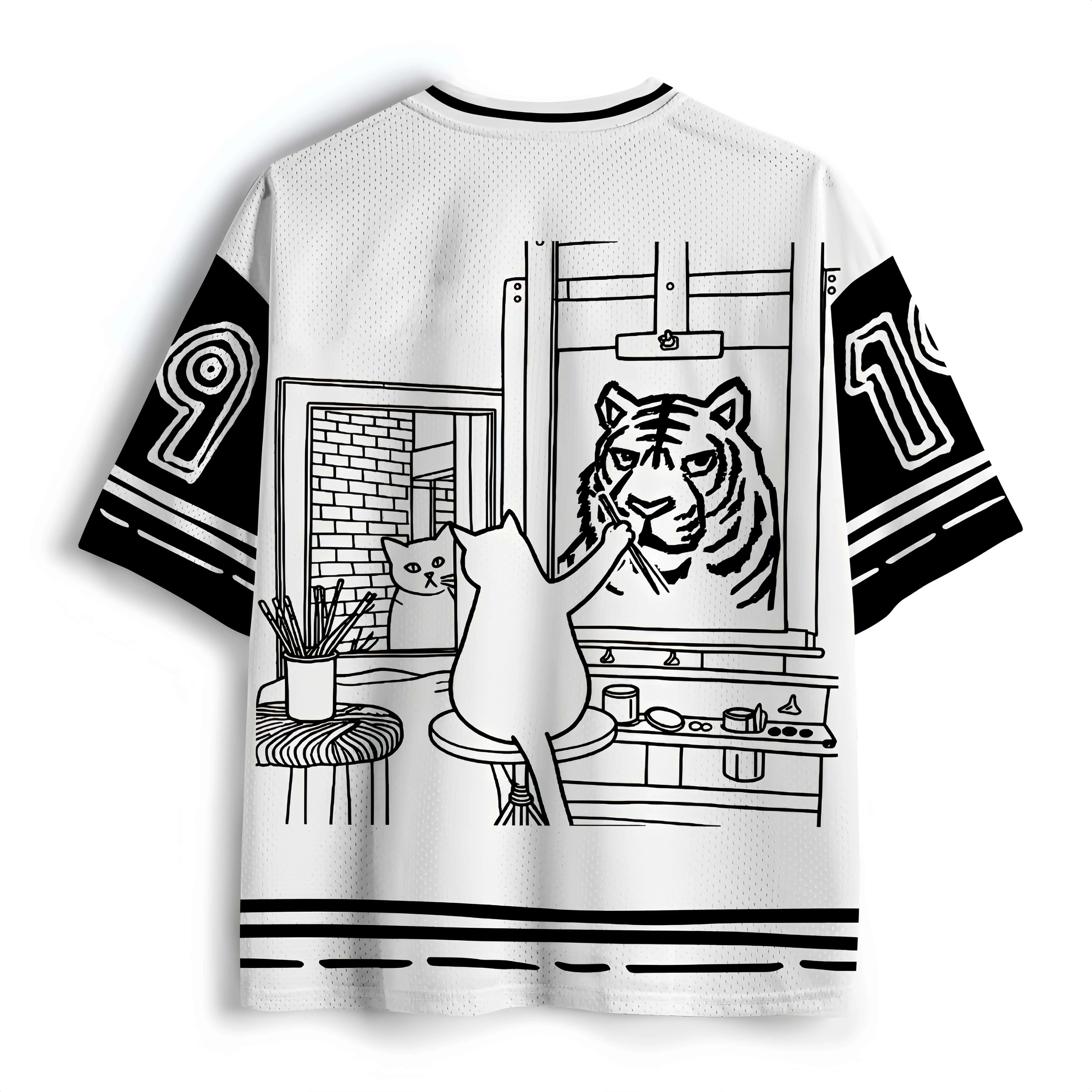Cat Graffiti Mesh T-shirt Sketching Art Print V-neck Aesthetics Street Trend Sports Short Sleeve Men's and Women's Same Style