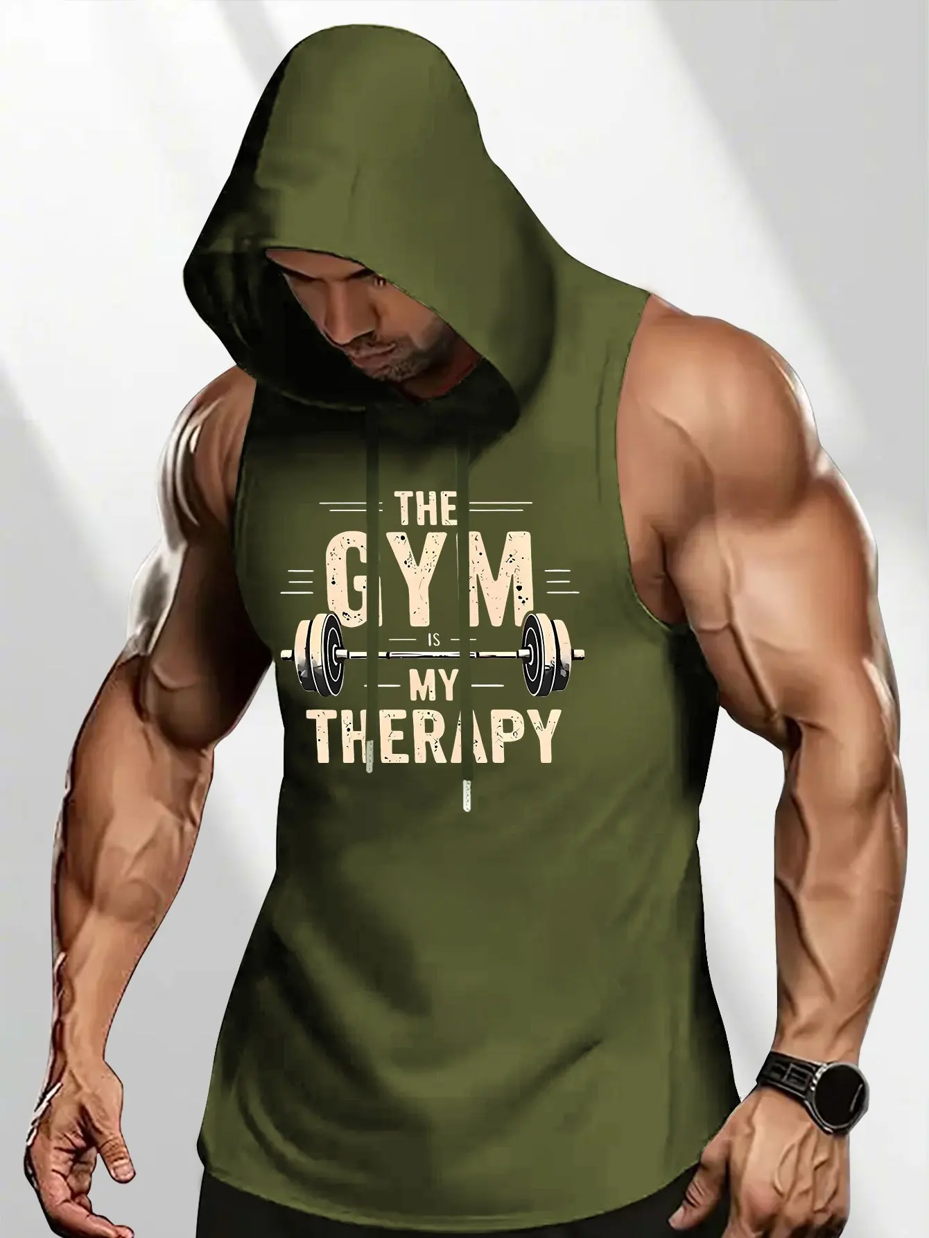 The Gym Serves As My Therapy. Men'S Sleeveless Hoodie with Barbell Slogan Print, Perfect for Hardcore Fitness Enthusiasts