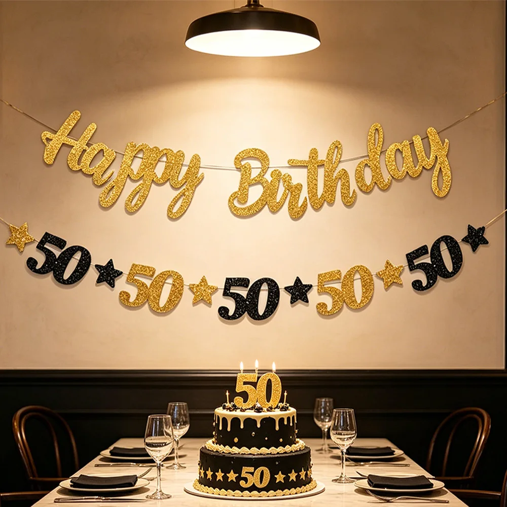 Dekorationsartikel für die 18., 20., 30., 40. und 50. Geburtstagsfeier für Männer und Frauen, schwarz-goldenes Partybanner für 18. bis 60. Geburtstag. – Detail 5