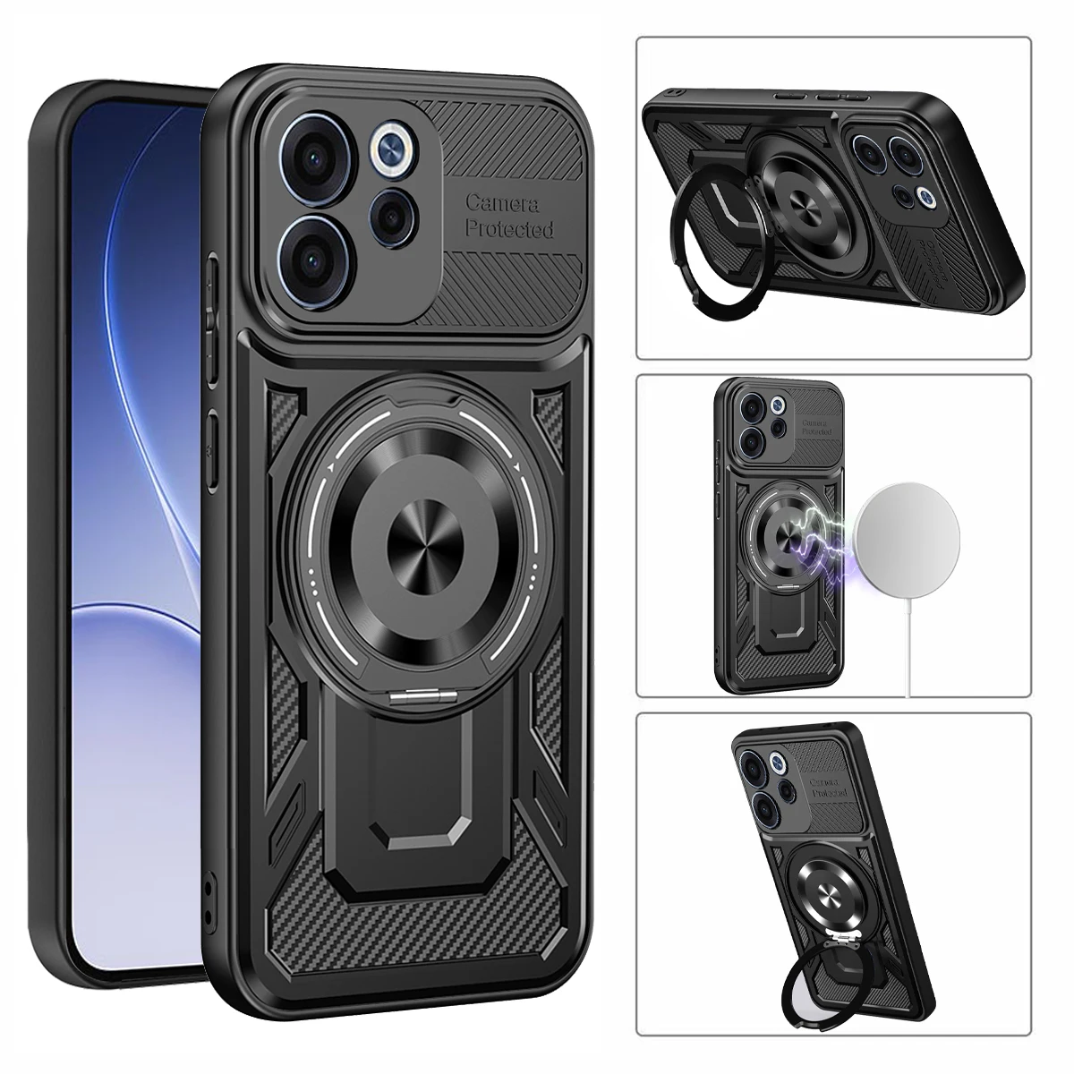 For OPPO Reno15 F 5G Case 2 in 1 Protective Magnetic Shell Rotating Bracket Kick Stand Phone Ring Bumper
