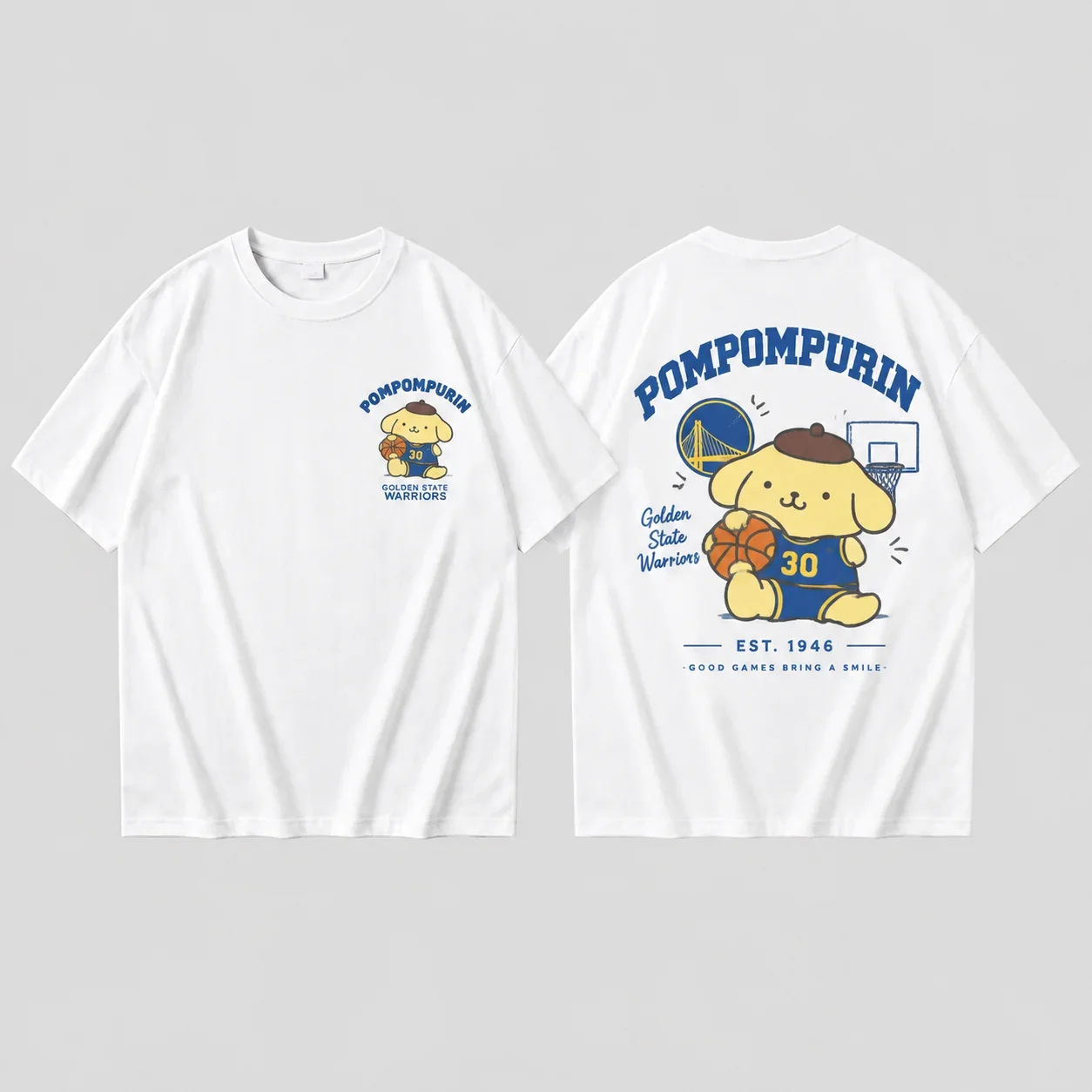 White Oversized T-Shirt Sanrio Pompompurin Basketball Golden State Print Men's Women's Cute Parent Child Sporty Streetwear Top