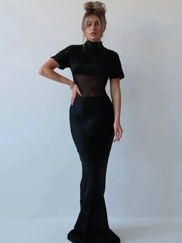 Blifanbo Turtleneck Sexy Mesh Short Sleeve Maxi Dress Women Gown Elegant Bodycon Patchwork Sheer Backless Club Party Long Dress
