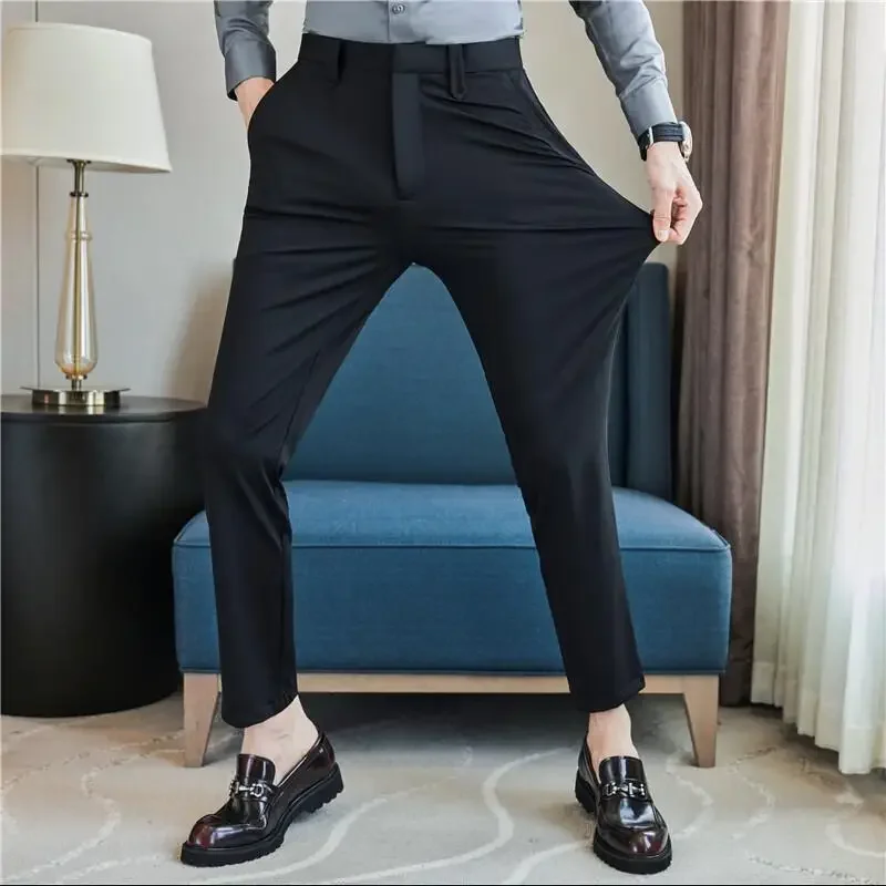 Mens takım elbise pantalonları pantolon 2024 yaz yeni ince nefes katı rahat yüksek elastik Slim Fit takım elbise pantolon Streetwear erkekler giyim