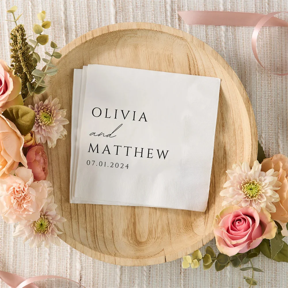 50PCS Custom Napkins for Wedding, Anniversary, Engagement | Personalized Monogram Cocktail Beverage Luncheon Dinner Napkin