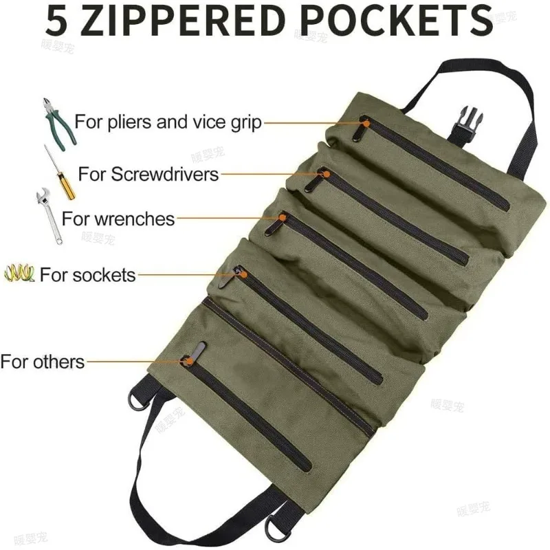 With 5 Zipper Tool Pockets Multi-Pocket Tool Roll Organizer Pouch Multi-Purpose Roll Up Tool Bag Car First Aid Kit