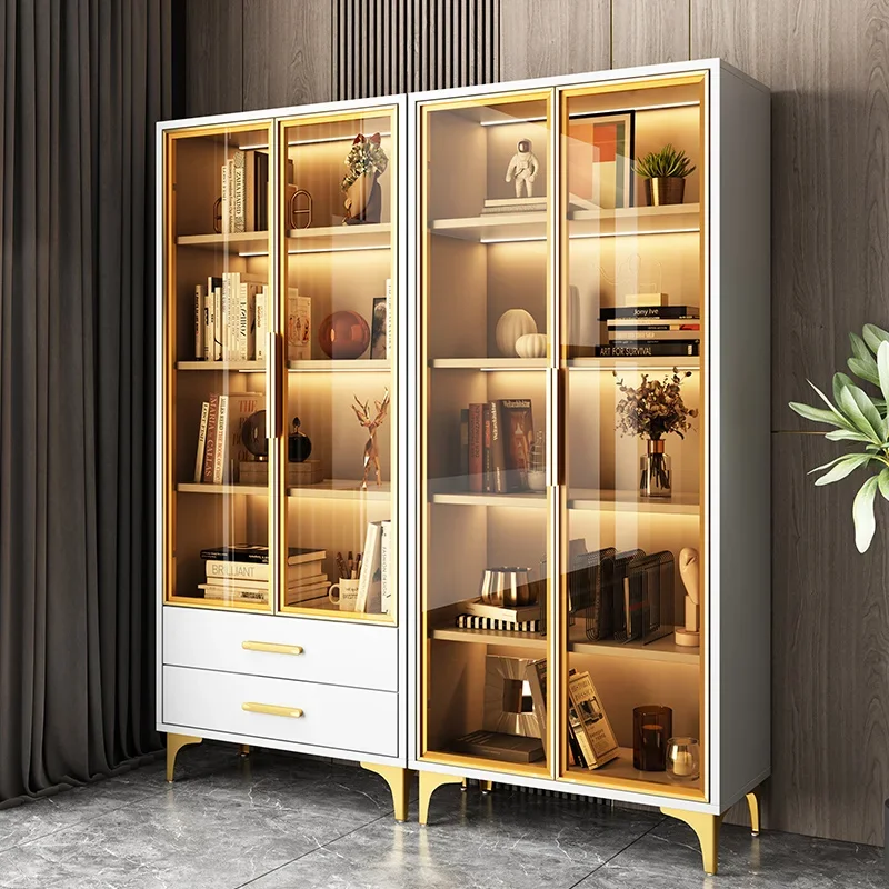 Light luxury glass door bookshelf, floor to wall combination bookshelf display cabinet, living room study storage cabinet,