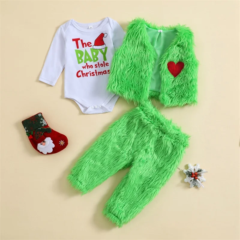 2023-07-20 Lioraitiin 0-24M Newborn Baby Girls Boy Fall Outfits Letter Print Rompers Green Fur Vests Pants Christmas Clothes Set