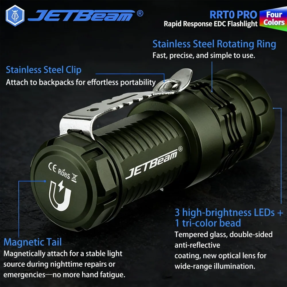 Jetbeam RRT0 PRO Tactical Flashlight 1680 Lumens 200M Beam Distance RGB Tri-color Light Rotary Ring Portable EDC Pocket Torch