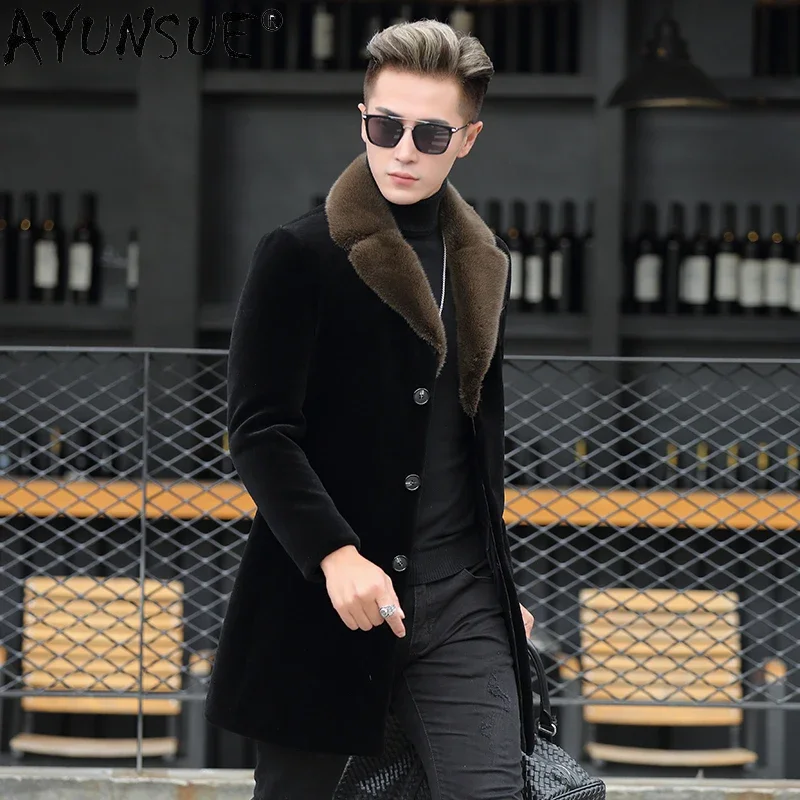 AYUNSUE Winter Real Mink Fur Collar Coat Long Warm Leather Jackets Casaul Thick Jacket for Men Style Sheep Shearing Clothes WPY