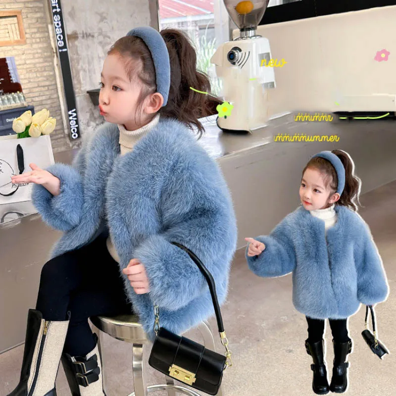 

Детское зимнее шерстяное пальто для девочек, утепленная теплая верхняя одежда для маленьких девочек, пальто с круглым воротником, пушистая куртка для маленьких девочек