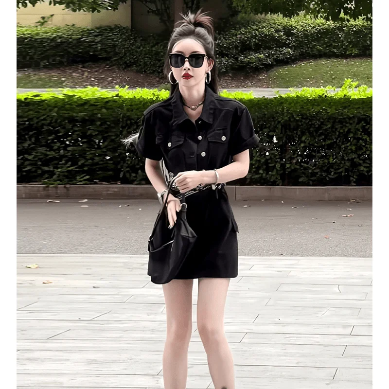

Retro Hong Kong Sle Collar Denim Dr Women's A-Line Skirt Workwear Bodycon ort Skirt Summer New Arrival