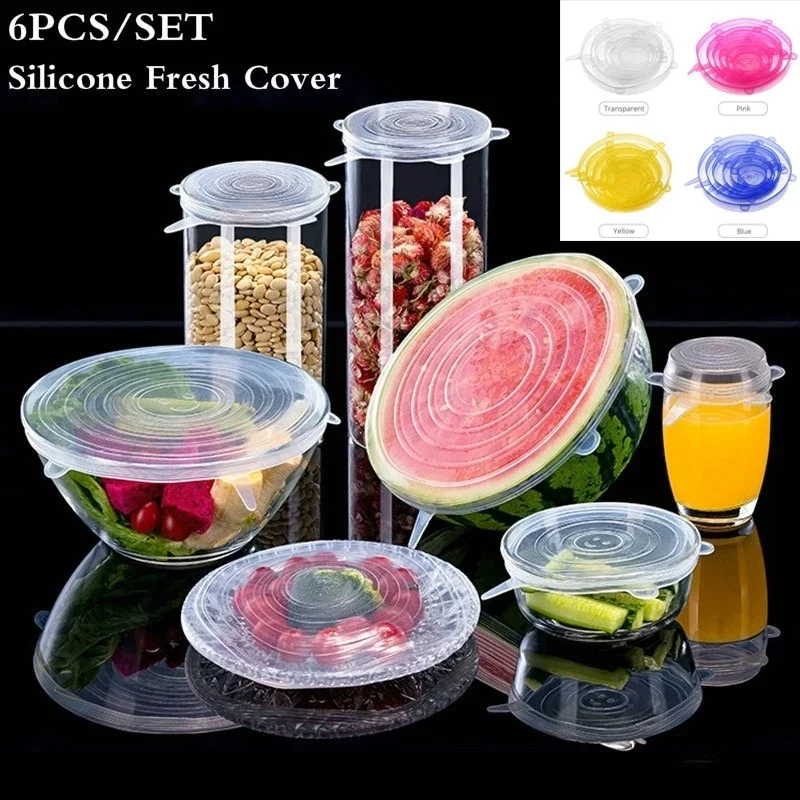 6pcs/set Reusable Silicone Seal Food Fresh Keeping Wrap Household Kitchen Tools Universal  Silicones Wraps Stretching Seals Lid