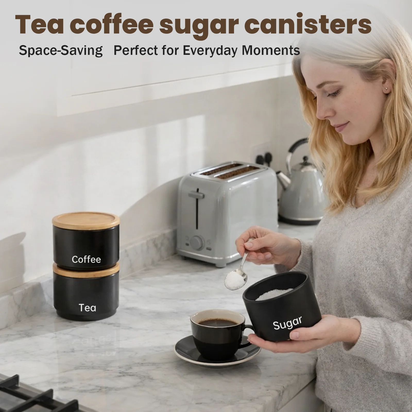 Tea, Coffee, and Sugar Containers with Space Saving Design