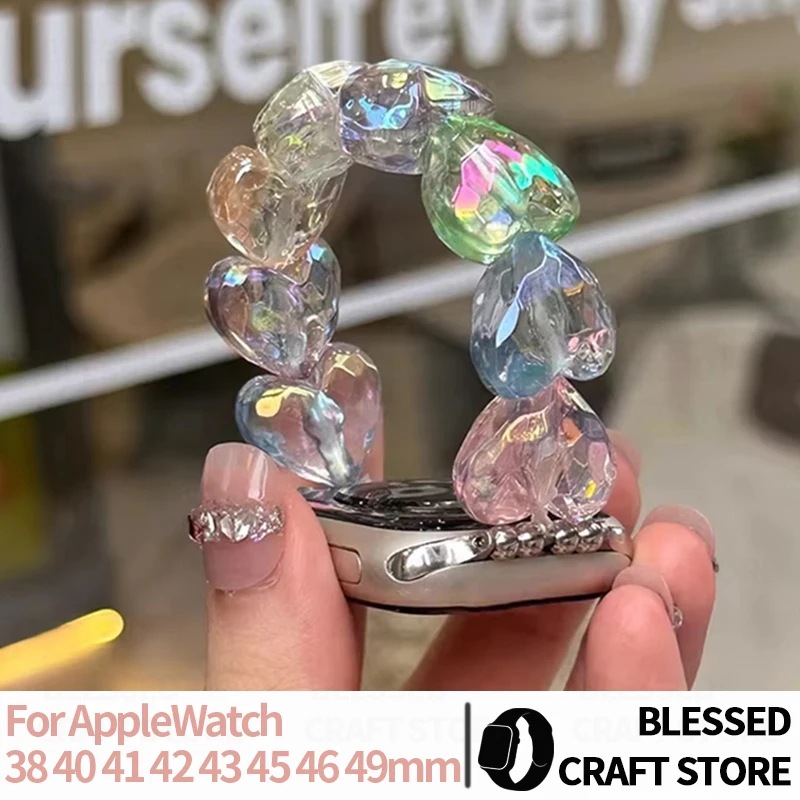 Rainbow Heart Crystal Strap for IWatch Series 11 10 9 8 7 Ultra Colorful Wrist Bracelet for Apple Watch Band 40mm 44 45 42 41 49