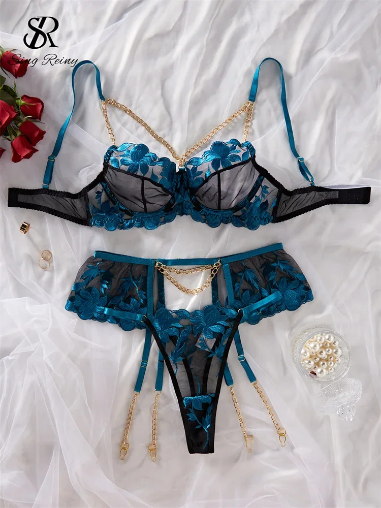 

SINGREINY 2024 Embroidery Floral Sexy Underwear Three Pieces Sets Ladies Hollow Out Transparent Mesh Chain Erotic Lingerie Suits