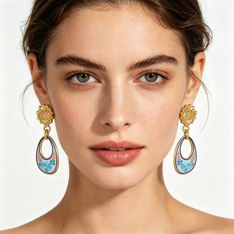 PRISCA | Retro Painted Flower Drop Earrings Women Stainless Steel Colored Chic Jewelry Cute Girl Party Hot Sale
