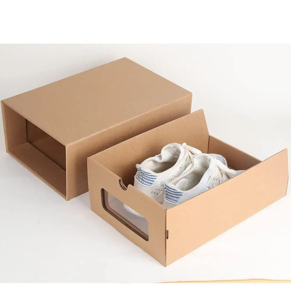 20PCS Shoe Storage Box with Transparent Window Heavy Duty Kraft Stackable Cardboard Drawer Organizer Sneaker Shoes
