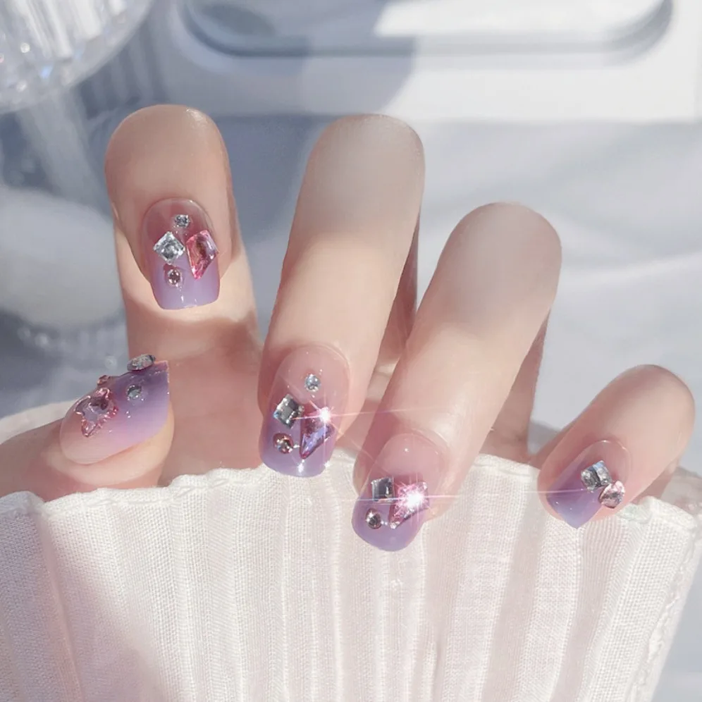 

24P Purple Halo Nail Art Fake Nails Medium Long Square Head Artificial Acrylic False Nail Finished Removable Press on Nails Tips