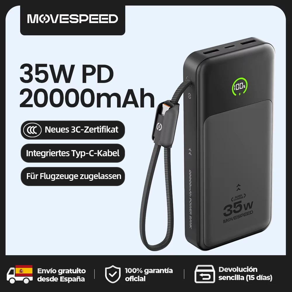 【CCC】MOVESPEED P20 Power Bank 20000 mAh Externer Ladegerät 35 W PD Powerbank mit schnellem Laden, LFP-Akku für iPhone Xiaomi Samsung