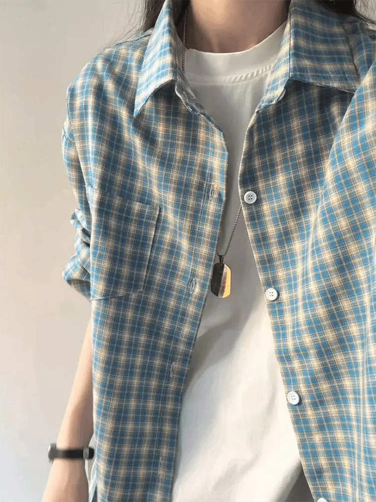 Retro American Plaid Shirt Men's Loose Fit Long Sleeve Layering Top Women's CleanFit Sun Protection Outerwear