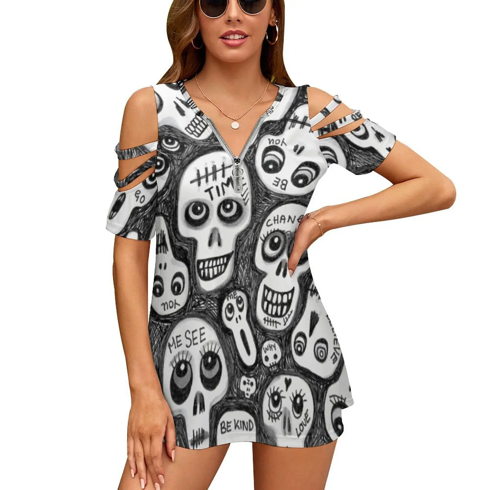 The Skull People Women Zipper Sexy Printed Vintage T Shirts Tops Full Print T-Shirt Halloween Skulls Day Of The Dead Skull