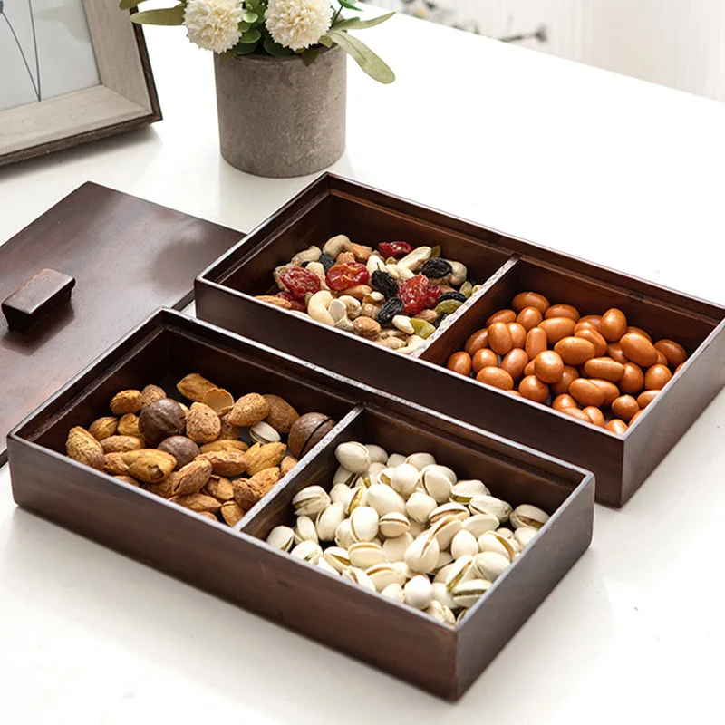 

Fruit Plate Dried Wood Candy Snack Nut Wooden Tray Storage Desktop Decor Holders Kitchen Tableware with Lid Compartment Box