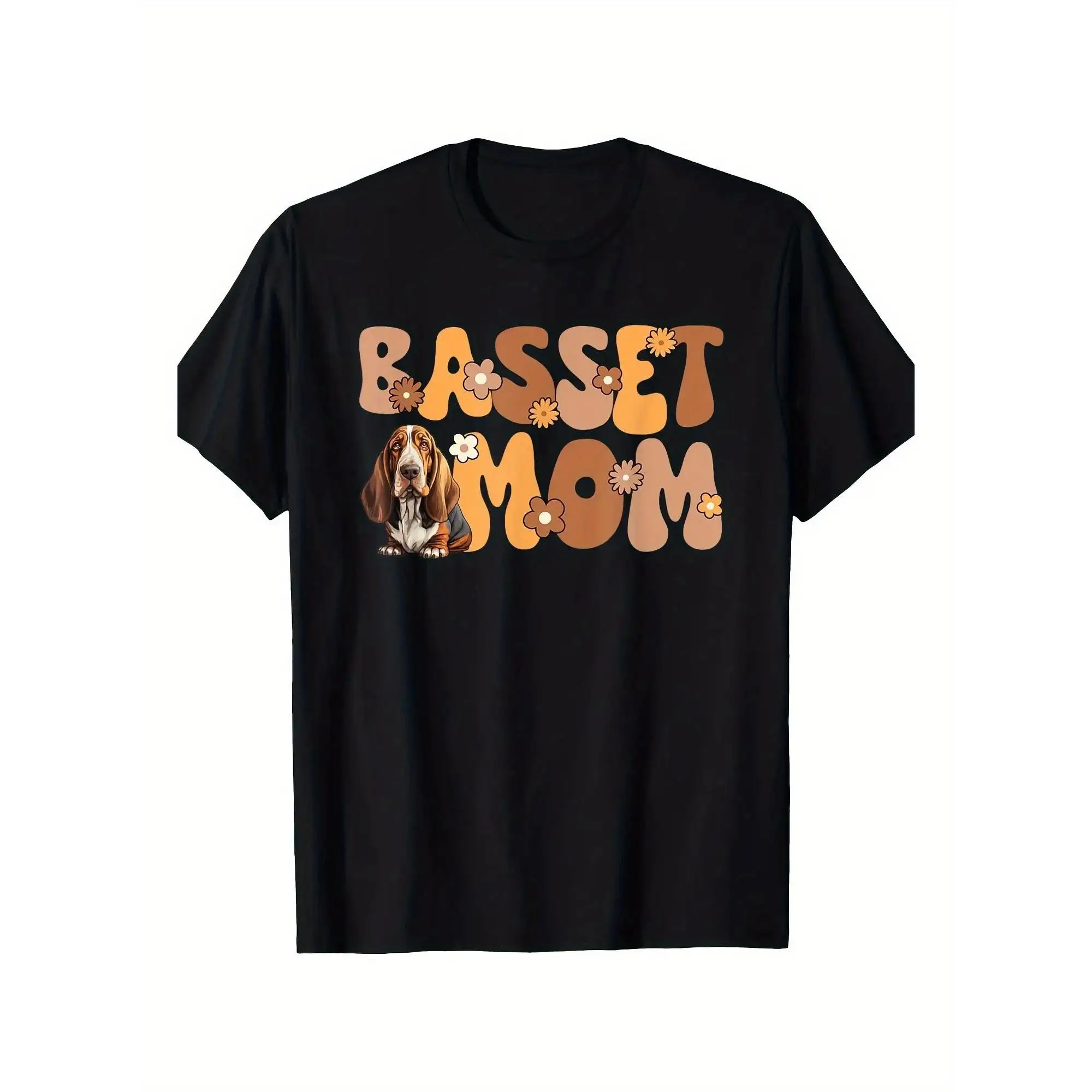 

Women's Basset Hound Mom T-Shirt, Vintage Dog Mom Graphic Tee, Retro Flower Print Pet Lover Gift Short Sleeve Top