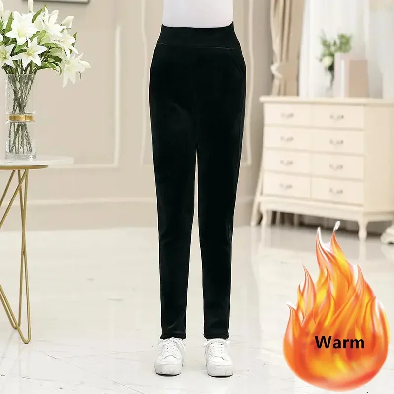 New Women Casual Velvet Winter Straight Pants Elastic High Waist Big Size Thicken Warm Pantalons Fleece Ankle Length Sweatpants