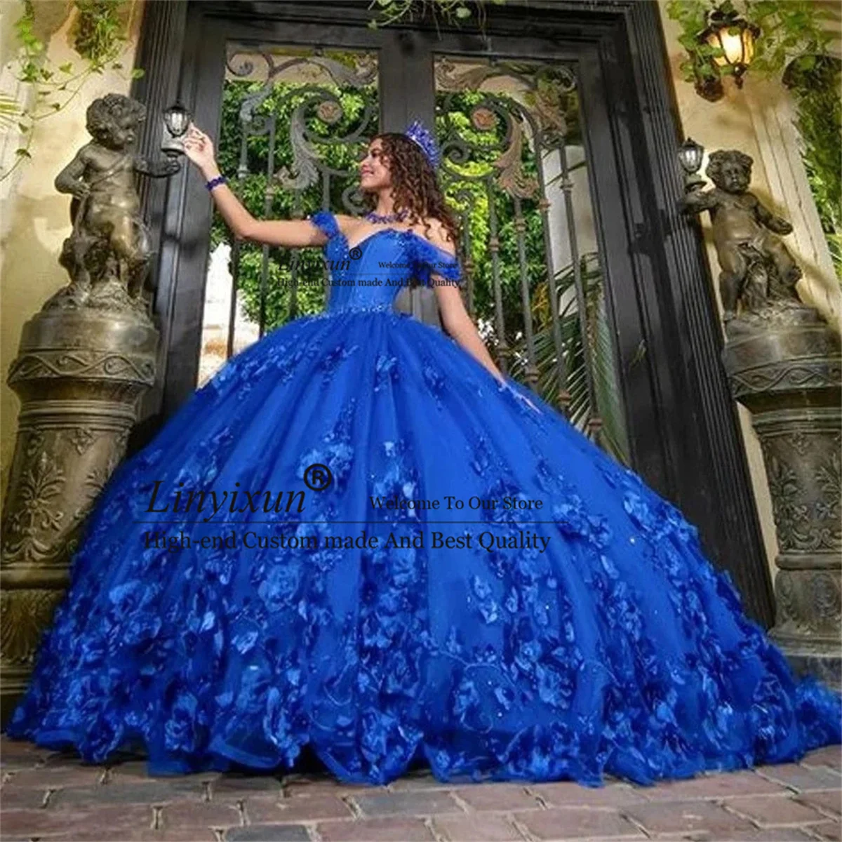 Vestido De quinceañera personalizado, vestido De baile con hombros descubiertos, apliques 3D Floar Sweet 16, vestido con cordones, tren De barrido, Vestidos De XV 15 Años