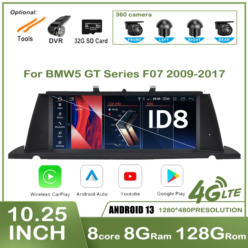 

10.25'' Android 13 ID8 For BMW 5 Series GT F07 2009-2016 CIC NBT System CarPlay Wireless Auto Stereo Radio Multimedia Navigation