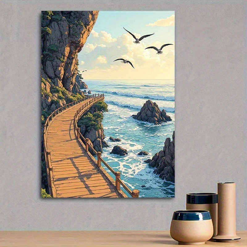 Frameless Serene Seaside Wall Art Canvas Print - Coastal Landscape with Birds & Cliff Walkway, Vibrant Colors, Perfect
