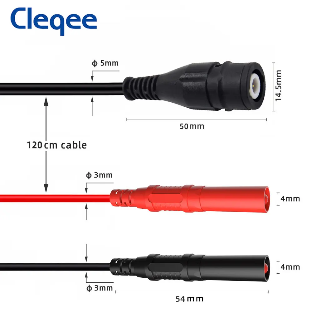 Cleqee P1206 Safety BNC Male Plug to Dual 4mm Sheathed Banana Plugs RG58 Coaxial Cable Oscilloscope Test Lead 120CM