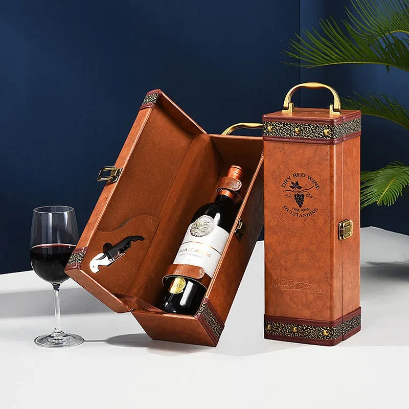 High End Leather Red Wine Holder Single Bottle with Cocktail Set Wine Set Packing Box Best Gift Christmas Decor Wooden Wine Box