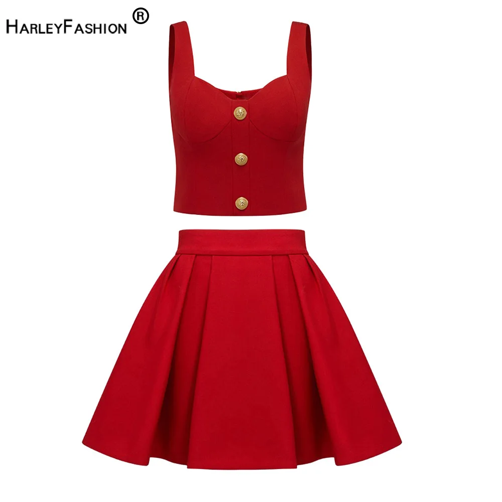 Cool Summer Sexy Vest 2PCS Suits Black/White/Red Straps Short Top A-line Mini Skirt Women Twin Sets