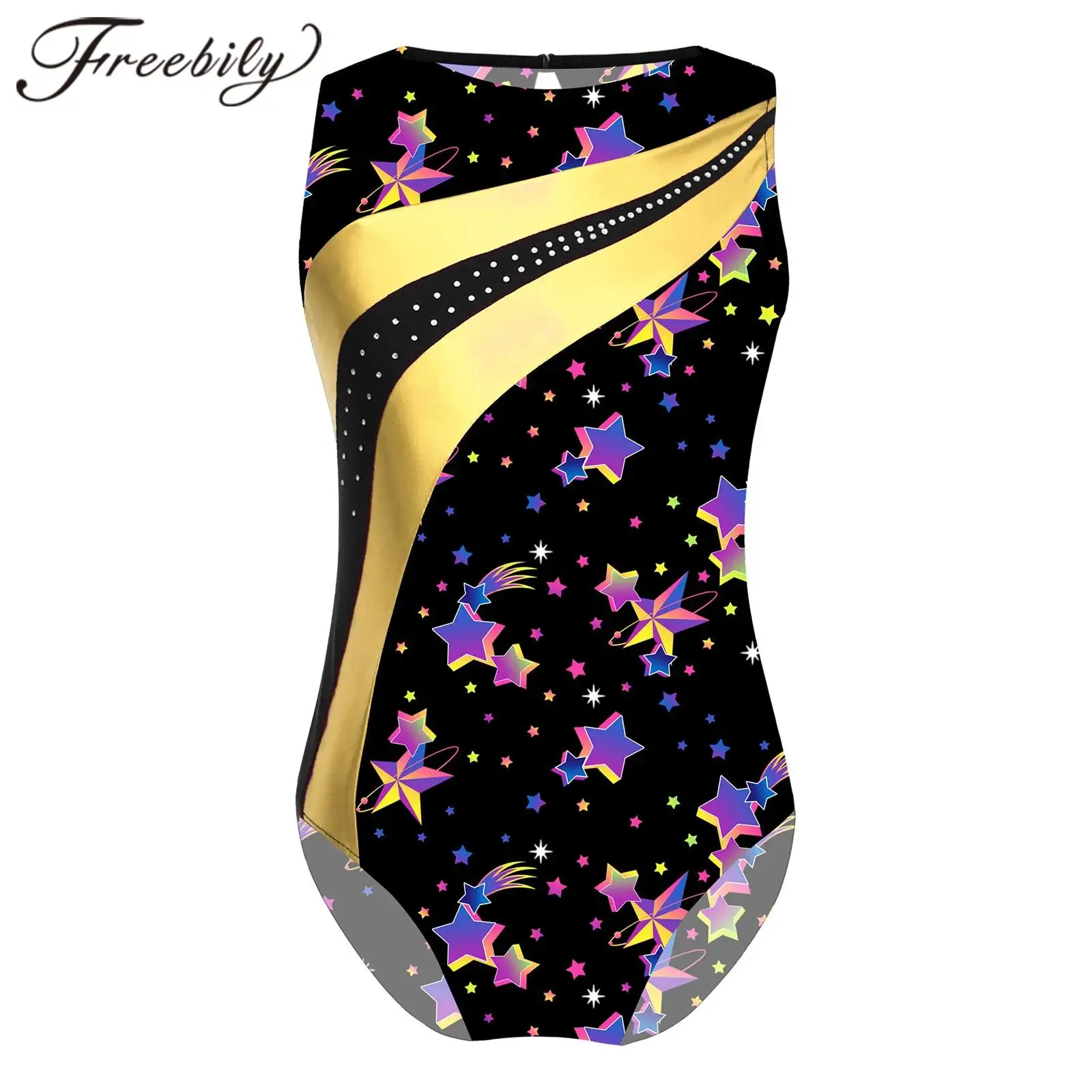 Kids Girls Sport Dance Leotard Sleeveless Keyhole Back Print Patchwork Athletic Bodysuit Teens Yoga Skating Gymnastics Jumpsuit