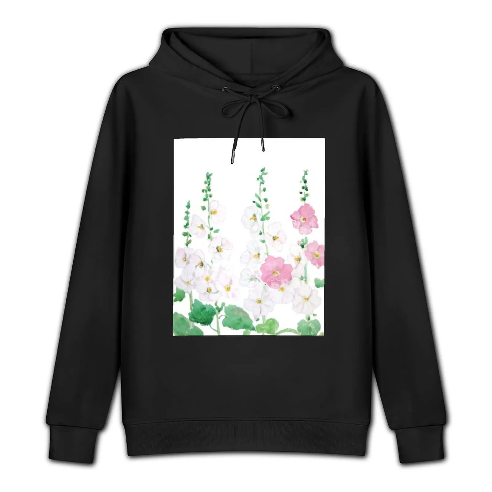 hand painted pink and white hollyhocks flowers watercolor Pullover Hoodie anime clothing blouse new hooded tee