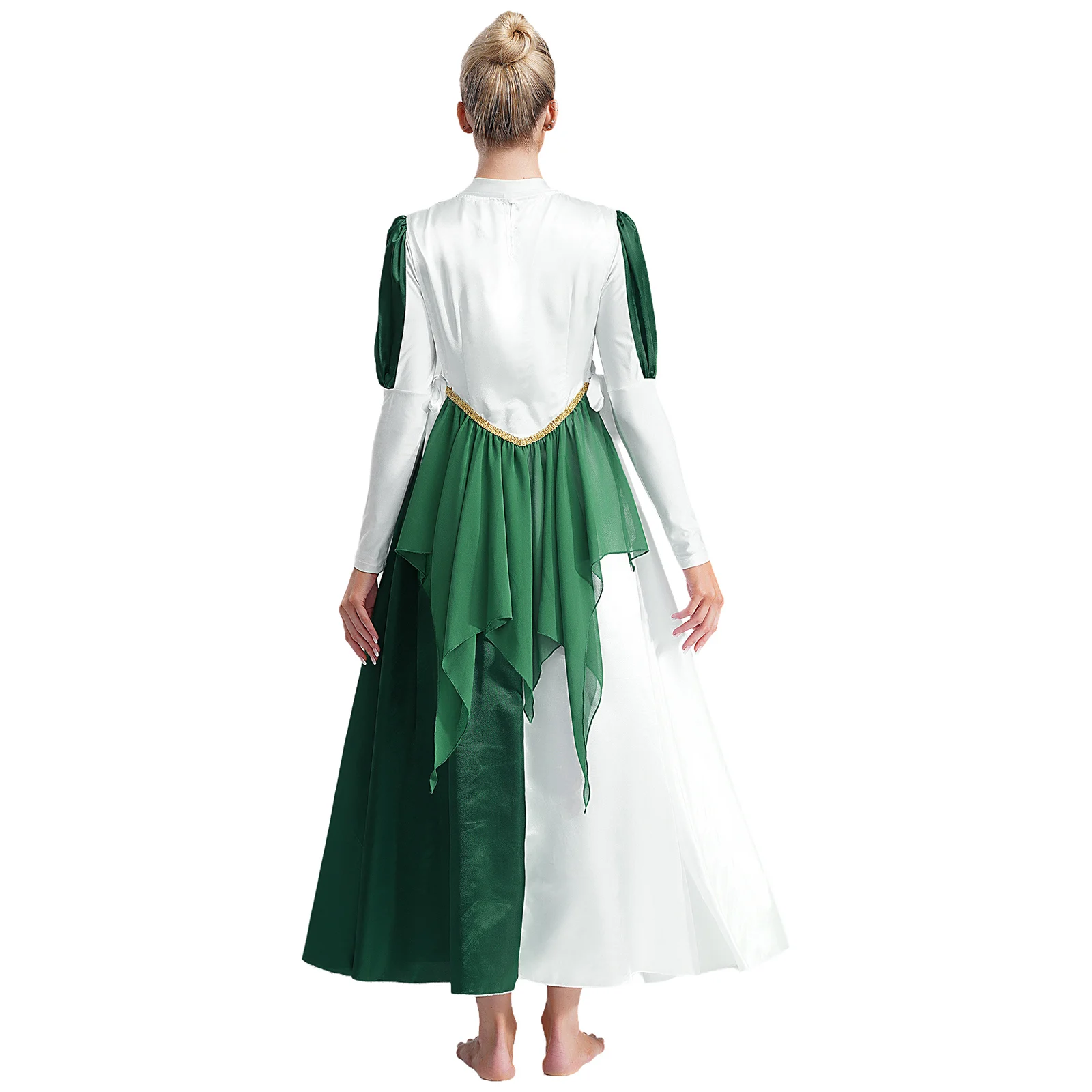 Women Liturgical Worship Dance Costume Outfit Color Block Praise Dancewear Long Sleeve Maxi Dress with Sides Split Lace-up Vest