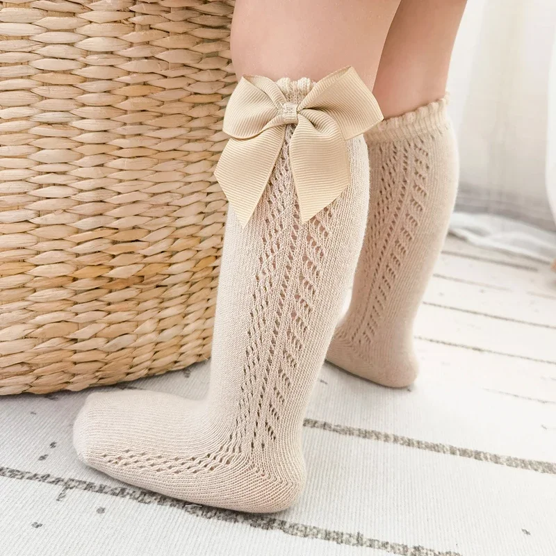 Chaussettes en maille de coton avec nœud pour bébé fille, respirantes, style espagnol, pour nouveau-né de 0 à 5 ans