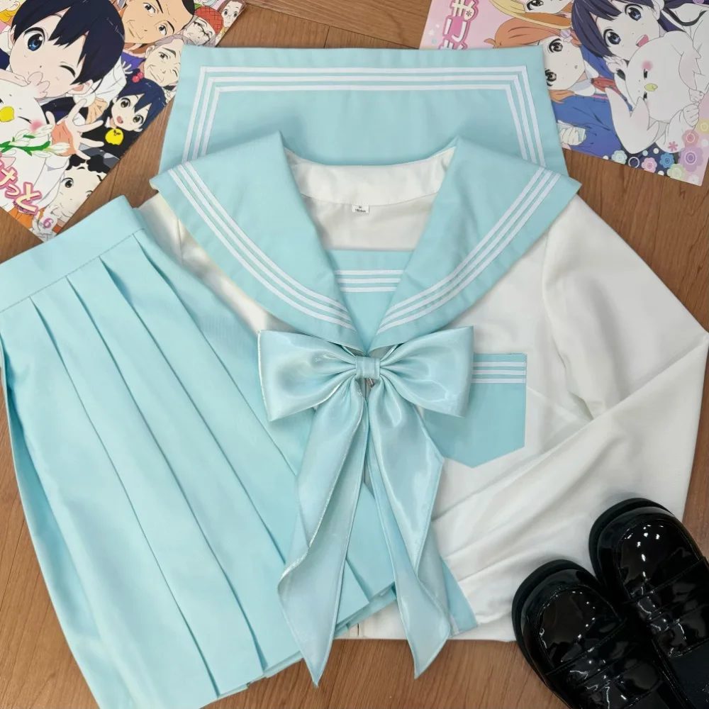 Abito da marinaio giapponese Fuku Uniforme da studente per ragazze delle scuole superiori coreane Blu cielo Set uniforme sexy Jk da donna Gonna a pieghe a maniche corte