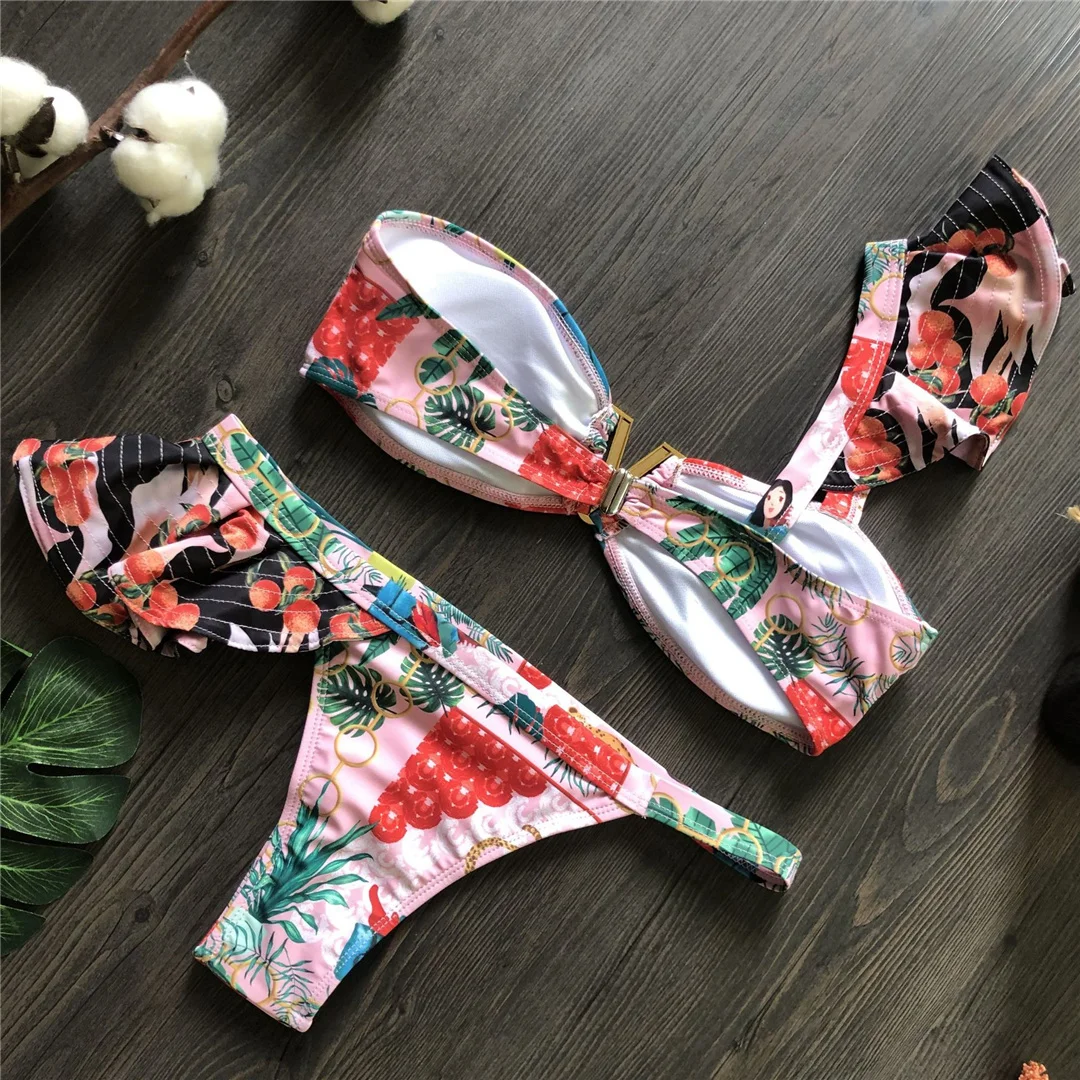 Blumenmuster, einseitiger Bikini, Damen-Badebekleidung, zweiteiliger Bikini-Set, Badeanzug mit Rüschen, Badebekleidung, Badeanzug, Modell V8049. – Detail 9