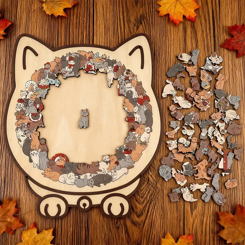  135pcs Cats Shaped Wooden Puzzle Unique Irregular Puzzle Pieces Game Birthday Xmas Gifts for Children Cozy Home Decor
