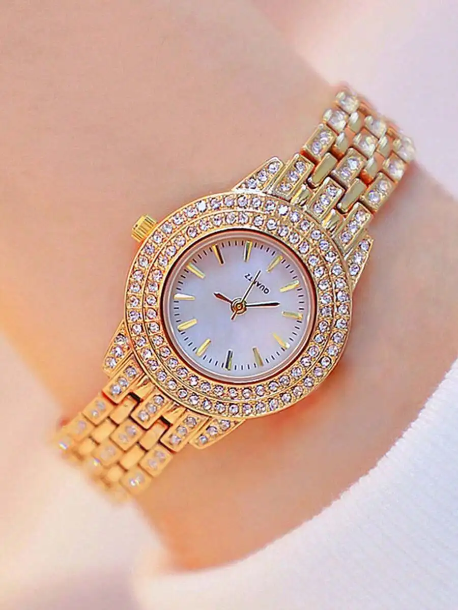 1pc Fashion Luxury Full Diamond Rhinestone Round Sweet Women's Watch, Versatile Steel Strap Quartz Watch, Suitable For