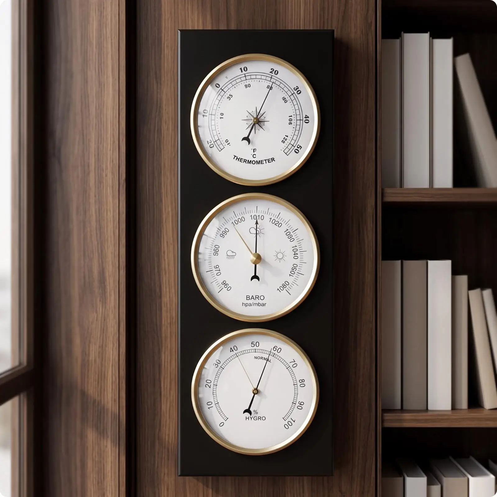 Triple Dial Wall Mounted Barometer Wooden Base Analog Weather Station for Home Office Gift Idea Triple Dial Wall Mounted Barometer Wooden Base Analog Weather Station for Home Office Gift Idea