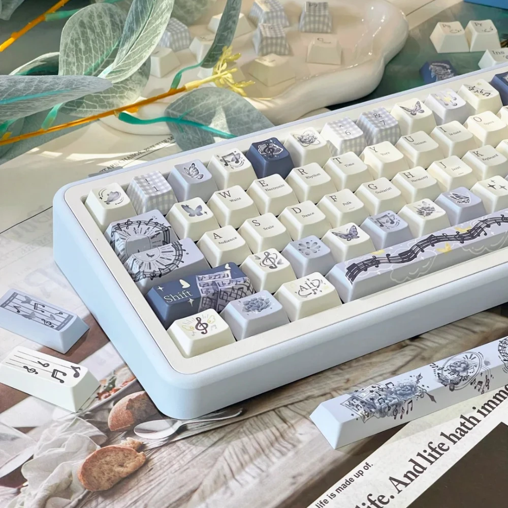 Music Clock Keycap143Keys Cherry Pbt 2.25/7U Space Bar L-Shaped Enter Key Butterfly Flower Note Gray-Blue Elegant Music Keycap